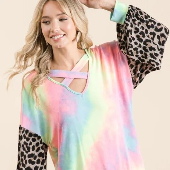NWT BiBi Tie Dye Terry Top with Leopard Puff Sleeves - Picture 1 of 7